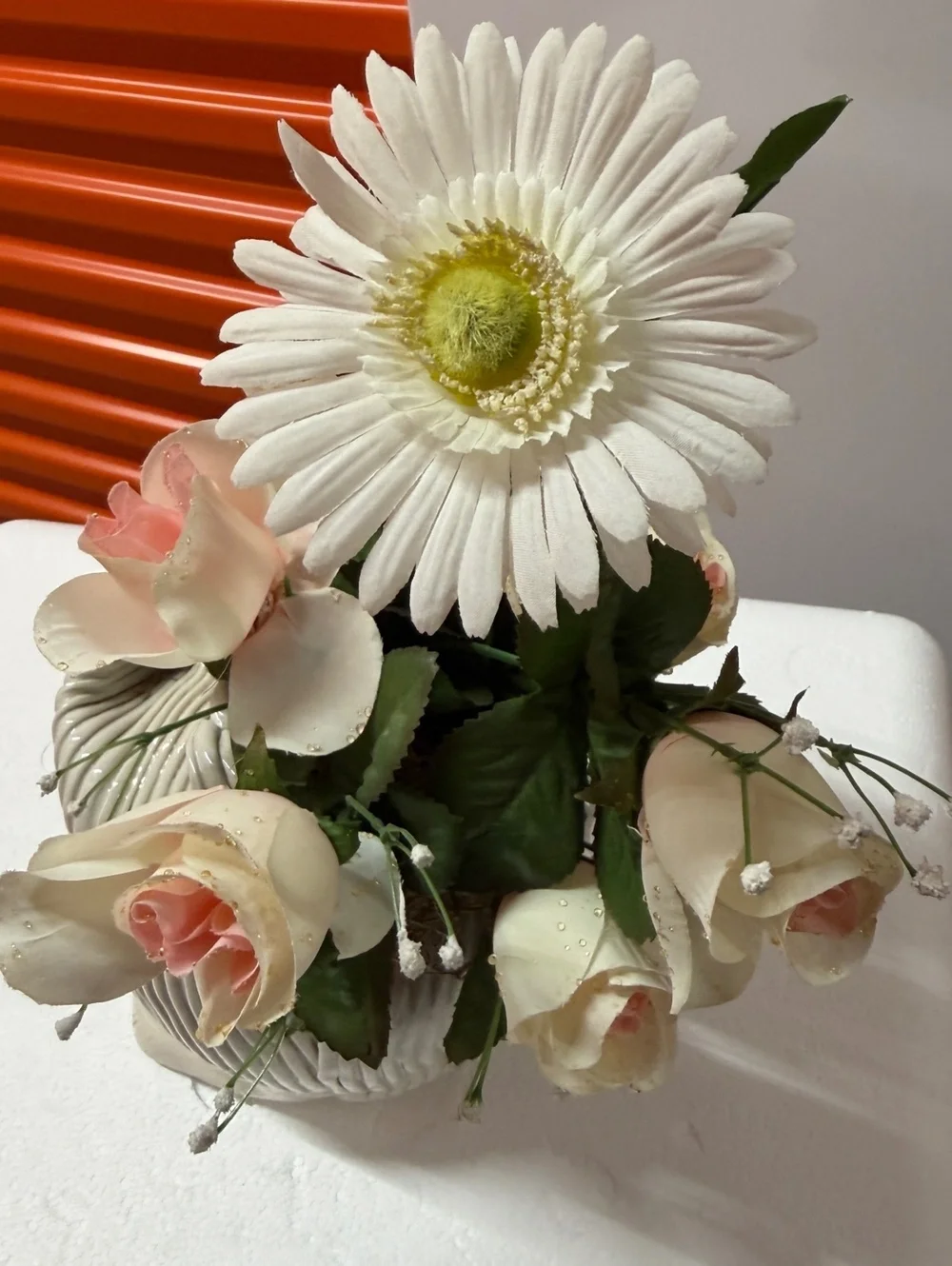 Ceramic Vase with Artificial Pink and White Roses and White Daisy Floral Arrangm